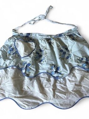Vintage Light Blue Floral Half Apron with Heart Pocket